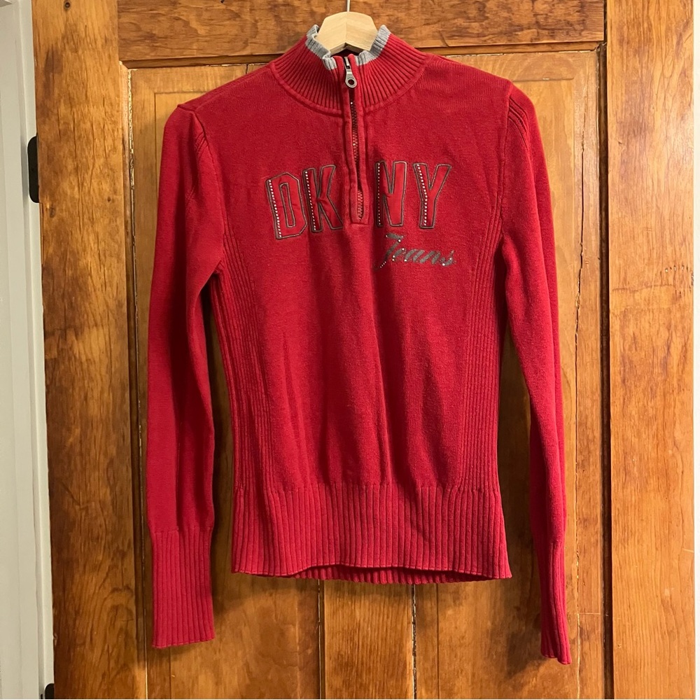 Vintage DKNY Red Bejeweled Quarter Zip Sweater | Size S Y2K Retro